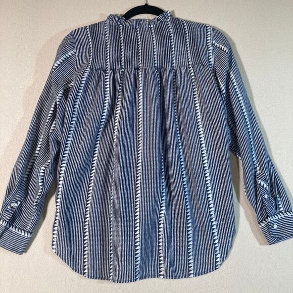 J Crew Blouse XS Navy Re-Imagined Ruffle Neck Button Up Stripe Geometric Design - Picture 10 of 11